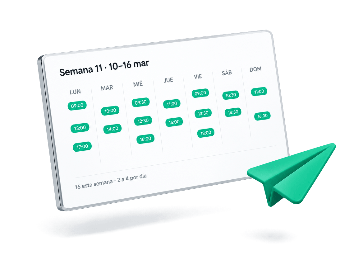 Calendario de la semana con las publicaciones repartidas: 16 en la semana, 2 a 4 por día